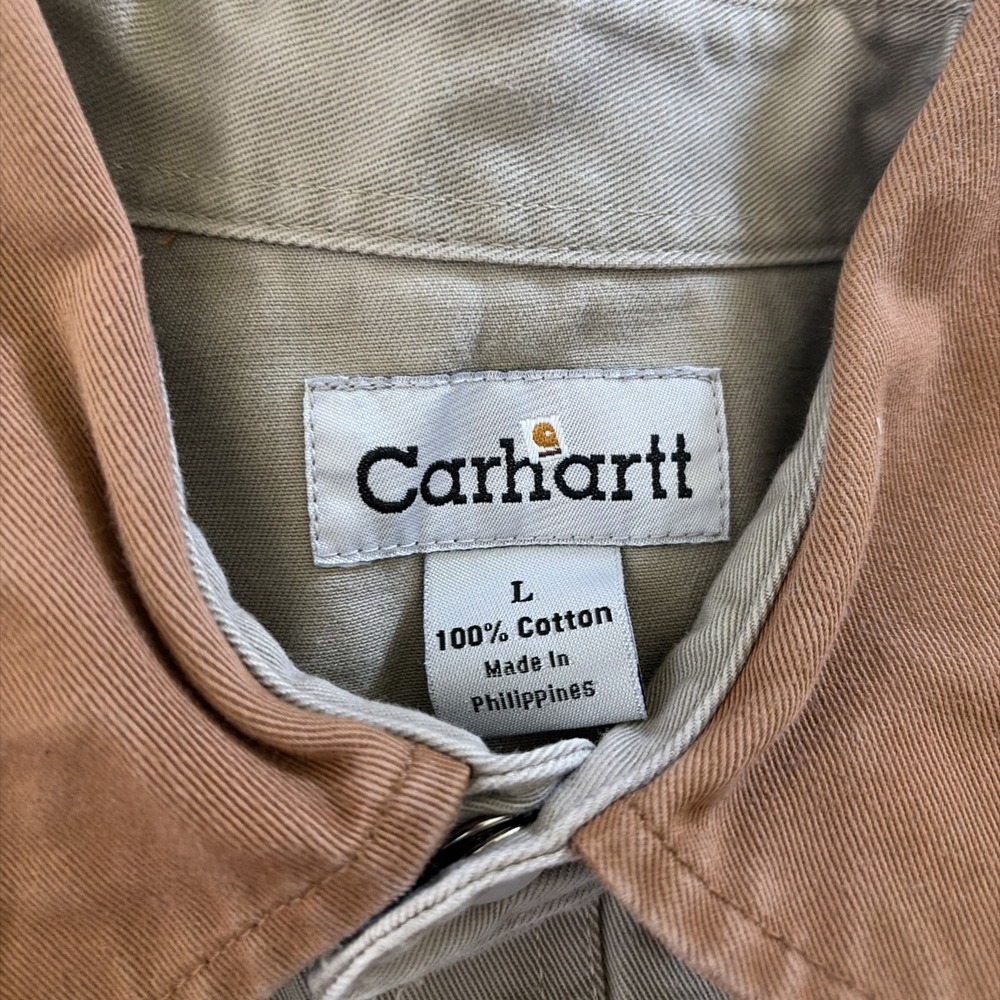 Carhartt Color Block Pearl Snap Canvas Shirt Jacket Green Khaki Men's Large L - Picture 2 of 7